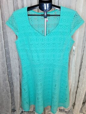 No Boundaries Teal Lace Crochet Overlay Fit & Flare Dress XL 15-17 Vibrant Retro